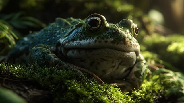 Close up of a green bullfrog sitting on moss in a forest during the day
