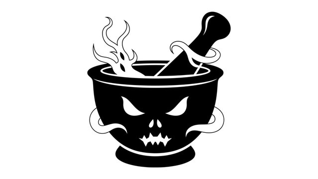 Spooky Potion Bowl: A sinister mortar and pestle, adorned with a carved skull face and emitting eerie tendrils of smoke, suggests a brew of dark magic or a hazardous concoction.