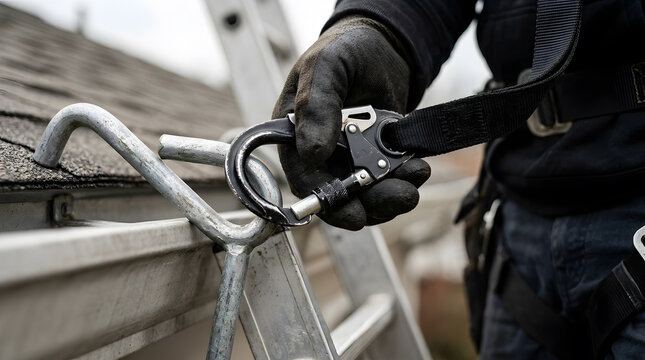 Professional roofer safety harness equipment | worker connecting carabiner to roof anchor | construction fall protection gear close up | industrial safety standards for roofing work