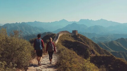 Fototapeta premium Tourists Hike Along the Great Wall of China with Mountain Views