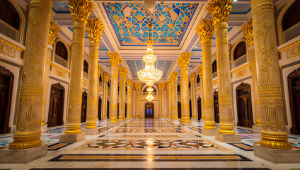 Obraz premium Large ornate hallway with marble floor and gold columns and chandeliers transparent background