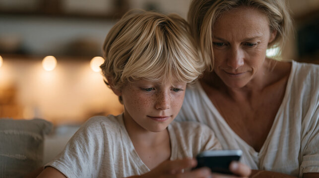 Child perspective view looking upward at parent completing financial literacy gamification app challenge on smartphone, low angle domestic scene, kitchen morning light, money education as family rou