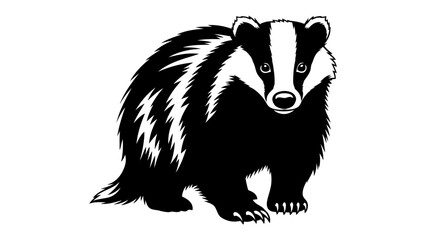 Badger illustration: A striking black and white illustration of a badger stands facing forward, showcasing its distinctive facial markings and bushy tail, with its powerful claws visible. © Murshida