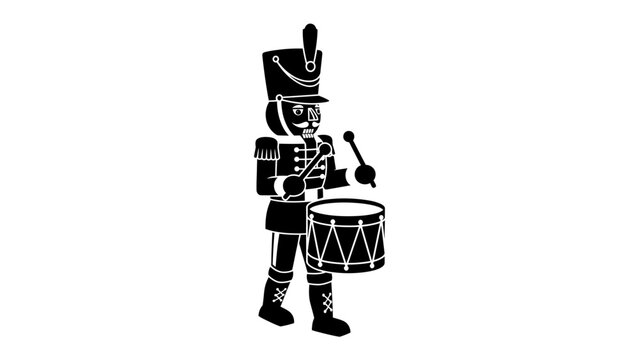 Nutcracker Soldier Drummer Icon: A stylized black and white icon of a nutcracker soldier in a uniform, complete with a hat and sash, confidently playing a drum with two drumsticks.