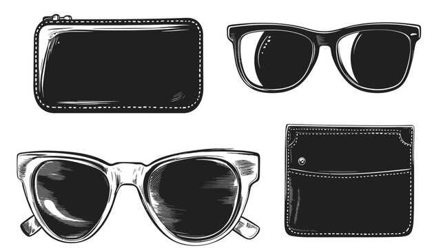 Black and white illustration of wallets, zippered pouch, and sunglasses for graphic design elements