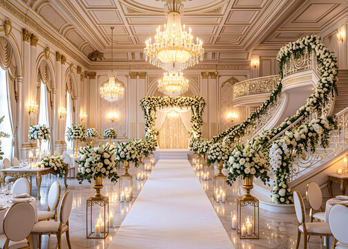 Luxury Ballroom Wedding Ceremony Setup with White Floral Decor