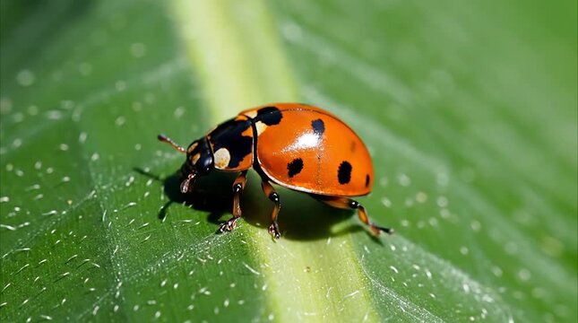 Red seven-spot ladybug Coccinella septempunctata crawling on a textured green leaf in a natural outdoor garden environment bright sunny day macro close up shot