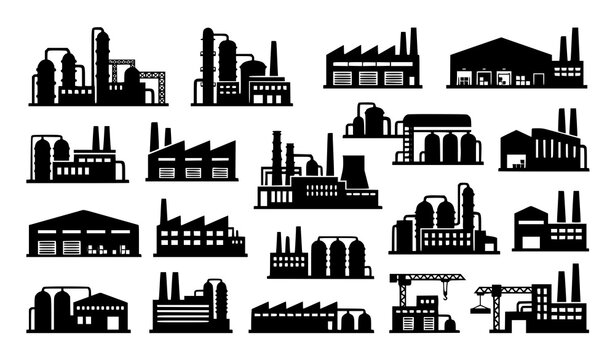 Factory Silhouette Vector Set with Industrial Plant Logo Symbols
