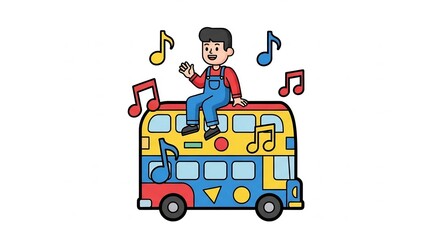 Fototapeta premium Cartoon boy sitting on colorful bus with music notes