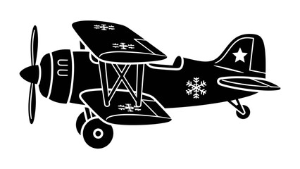 Biplane Silhouette: A classic biplane is rendered in a striking black silhouette, showcasing its vintage design with two sets of wings and a rotating propeller. © Murshida