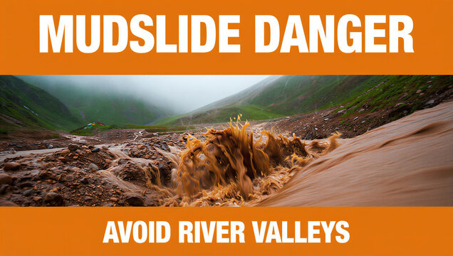 Mudslide danger warning sign with muddy river valley landscape background transparent background