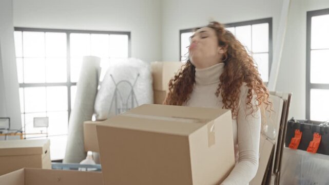 Woman carrying cardboard box with hands visible and grimacing, packing supplies stacked in apartment; moving stress.