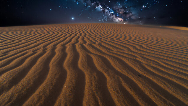 Sand dunes under starry night sky with milky way galaxy transparent background