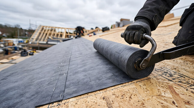 professional roofing underlayment installation | roofer applying waterproof membrane | construction worker on roof deck | house building process