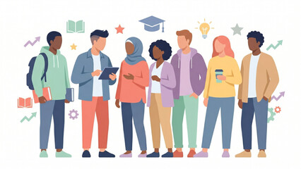 Fototapeta premium Multicultural College Student Community Featuring Young Adults Standing Together, Education and Academic Success Concept Modern Flat Vector Illustration