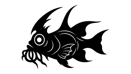 Fototapeta premium Monstrous Anglerfish Silhouette: A menacing deep-sea anglerfish rendered in stark black silhouette, featuring prominent spines, a gaping maw, and bioluminescent lure, creating a darkly captivating.