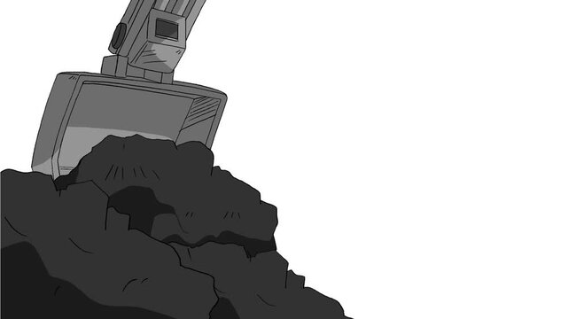 Excavator bucket moving forward while scooping up a large pile of black dirt or coal, close-up animated illustration of heavy industrial machinery at work