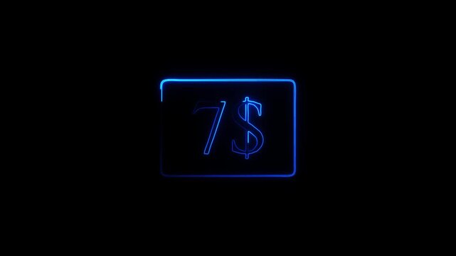 Glowing Blue Neon 7 Dollars Sign Animation on Black Background, USD Currency Graphic Loop