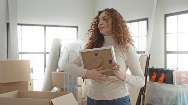 Woman hugging framed picture and holding moving boxes while packing in a building; nostalgia transition.
