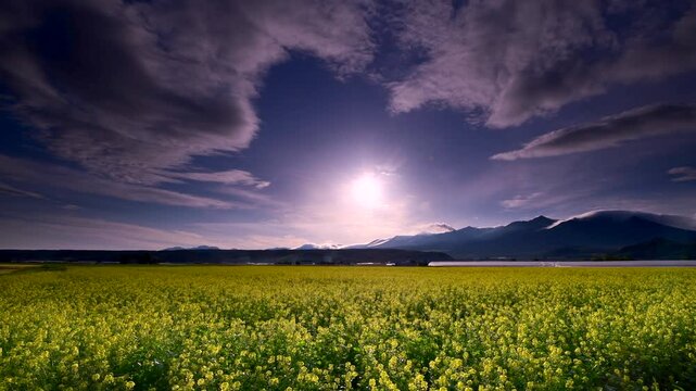 十勝岳連峰と菜の花畑の朝