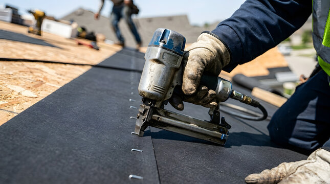 Roofing contractor using pneumatic stapler | Installing protective roof underlayment | Professional home construction site | Industrial power tools for roofing