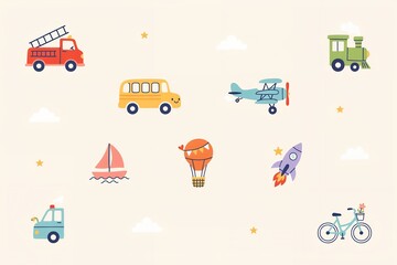 Naklejka premium A collection of cute hand-drawn transport including a fire truck, school bus, airplane, sailboat, hot air balloon, rocket, and bicycle