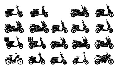Obraz premium Scooter silhouette icon set with black motorcycle and urban vehicle symbols isolated vector collection for transport branding design