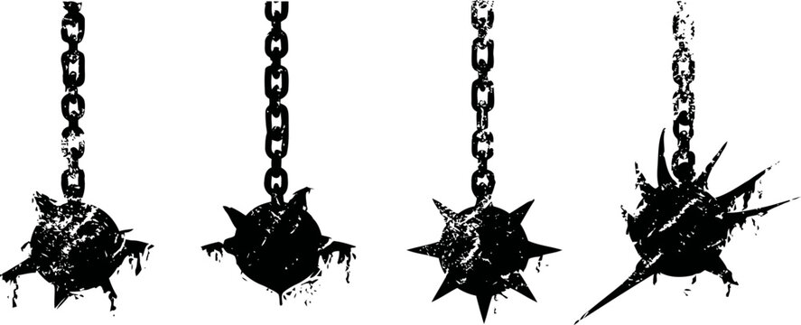 Wrecking balls suspended by chains with varying textures and impacts in grunge