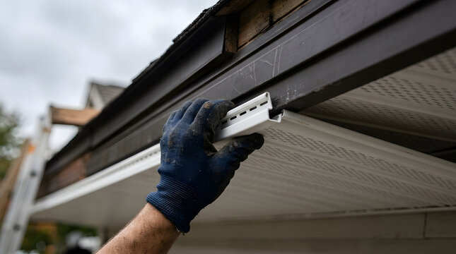 installing vinyl soffit panels on roof overhang | residential siding repair and home maintenance | contractor hand pressing white soffit into place | exterior roof ventilation and fascia board install