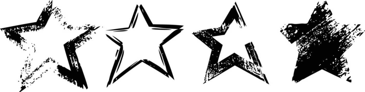 Grunge black star silhouettes set with rough textured edges on white background