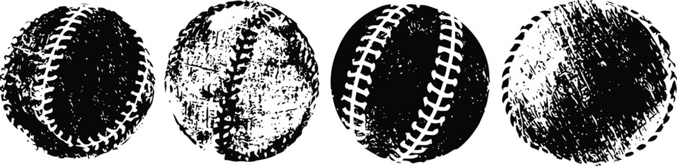 Naklejka premium Four distressed baseball balls set vintage worn sport equipment with textured surface isolated on white background