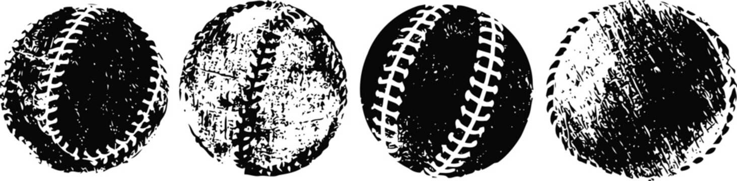 Four distressed baseball balls set vintage worn sport equipment with textured surface isolated on white background