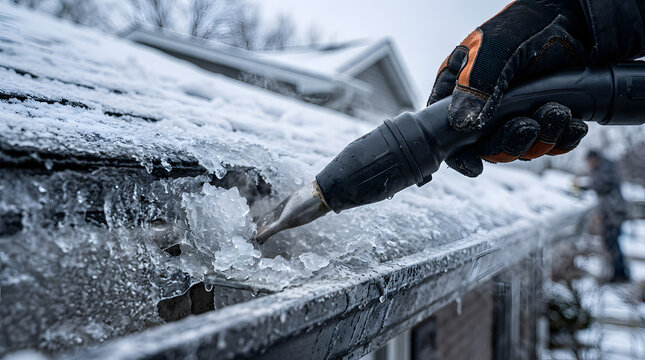 Professional ice dam removal from roof gutters | Thawing frozen gutters with specialized heating tool | Winter home maintenance for preventing water damage | Removing thick ice buildup from house roof