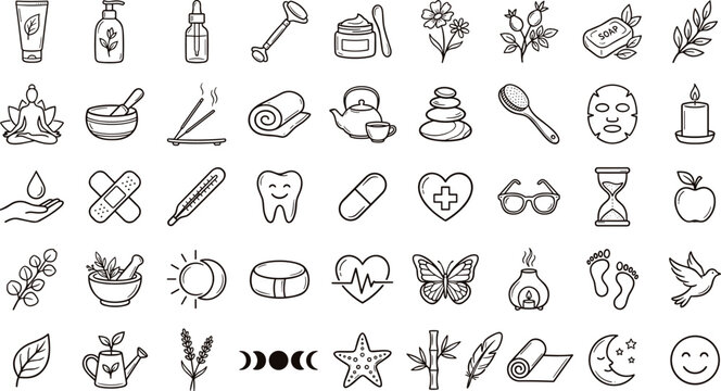 Vector hand drawn doodle icon set featuring beauty skincare self care and holistic wellness symbols with organic leaves flowers and spa elements