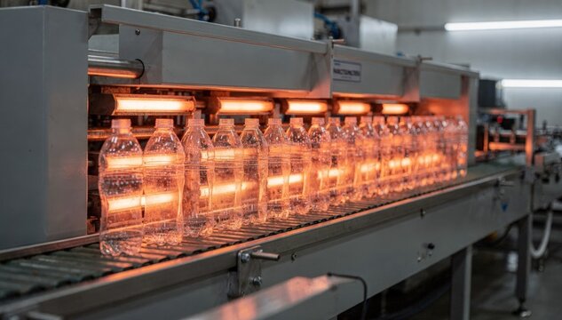 Medium shot of singlelane preform reheating process with infrared ovens ensuring uniform stretch temperature for optimal bottle conditioning.