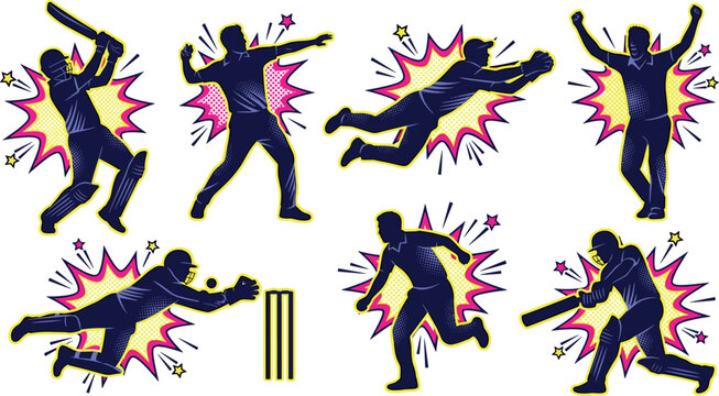 Vector retro comic book style illustration set featuring cricket player silhouettes overlaying vibrant pop art explosion bursts and star textures