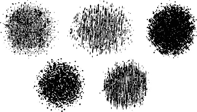Five black distressed grunge texture circles with different speckled and scratched patterns