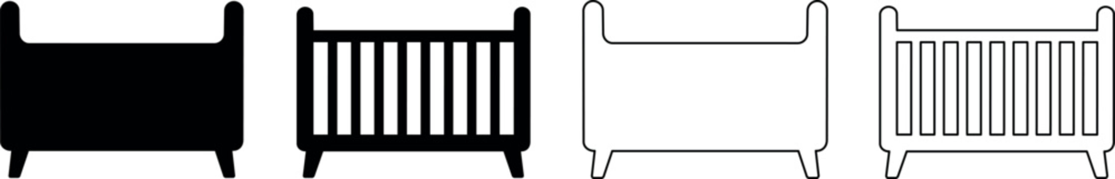 Stylized baby crib designs in various styles and colors
