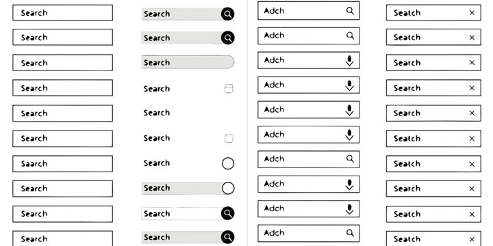 Search input field icons with magnifying glass and dropdown arrows flat style