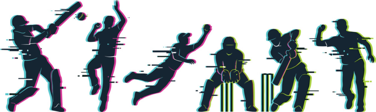 Vector sports illustration set featuring cricket player silhouettes with creative digital glitch effect horizontal distortion lines and colorful chromatic aberration shifts