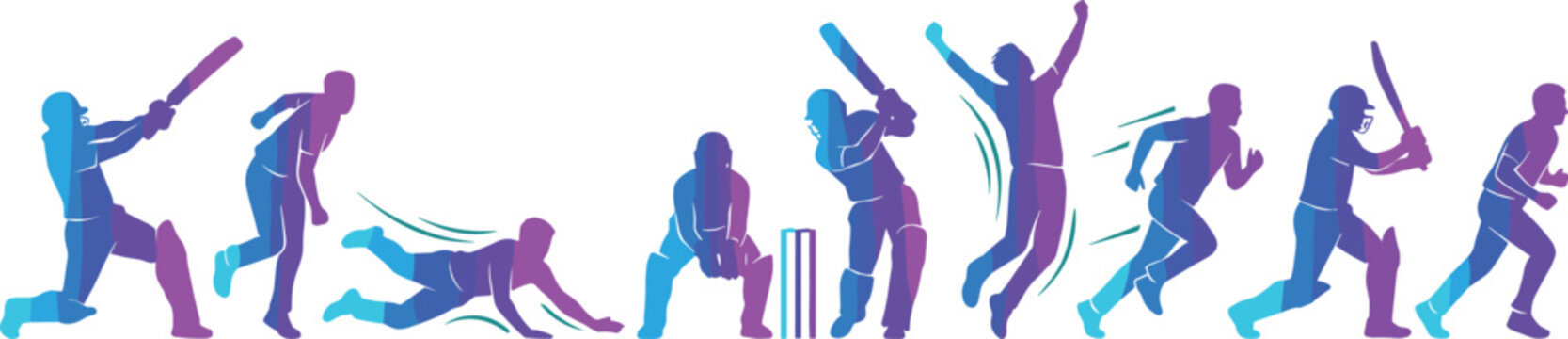 Vector sports illustration featuring a panoramic lineup of cricket player silhouettes with modern overlapping blue and pink vibrant color splash effects