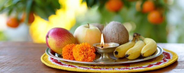 Fresh tropical fruits and burning brass oil lamp offered on  metal plate © donchanu
