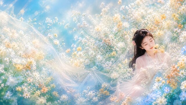 Generative AI peaceful Asian woman in traditional delicate dress sleeping among fresh spring wildflowers and sheer fabric with eyes close