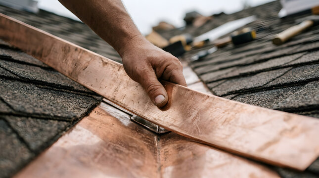 Hand installing copper roof flashing | Asphalt shingle roof repair | Metal flashing installation for roof valley | Professional roofing services