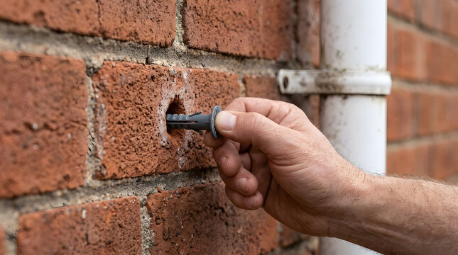 Hand inserting wall plug into brick | DIY guttering installation on red brick wall | Home maintenance and repair work | Installing downpipe clips on exterior masonry