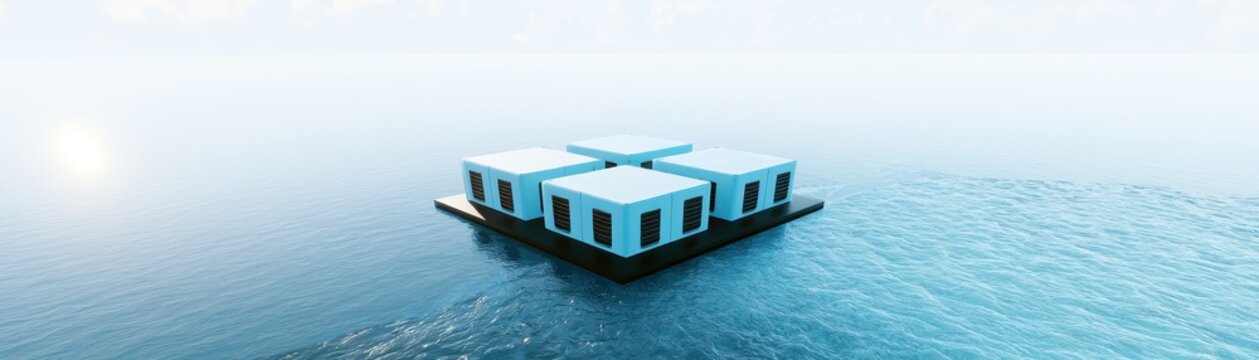 Modern blue modular containers floating on  calm open ocean surface under bright sunny daylight skies