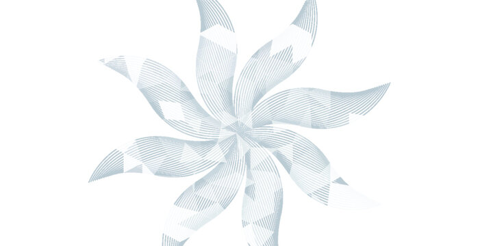 Abstract white background with light grey geometric spiral flower icon. Minimalist line art guilloche pattern with elegant radial curved structure.