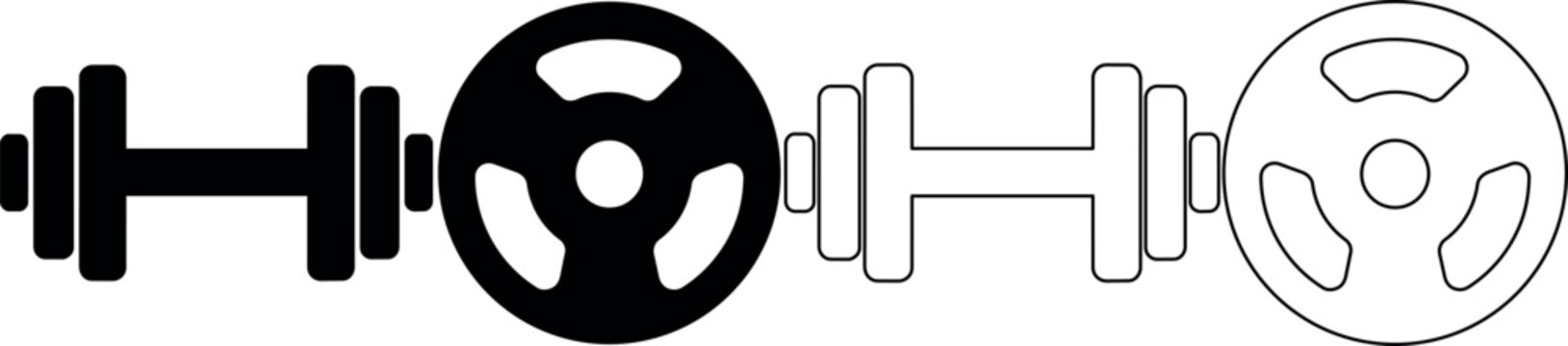 Set of black and white dumbbell and weight plate graphics for fitness