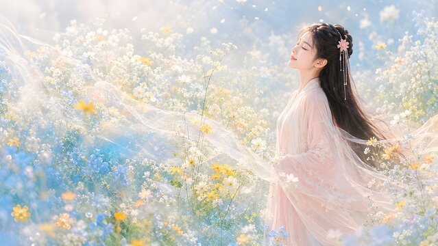 Generative AI serene Asian woman in pink dress with eyes closed enjoying warm sunlight in a soft spring wildflower meadow 