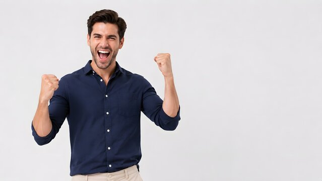 Excited screaming man celebrating success with raised fists in a navy blue shirt isolated on white background.